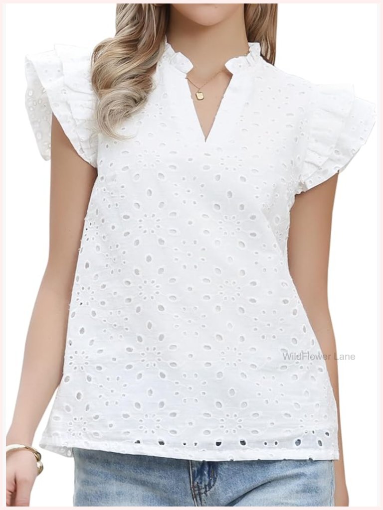 Eyelet V Neck Ruffle Cap Sleeve Blouse - Embroidered Cotton - Dressy Summer Top